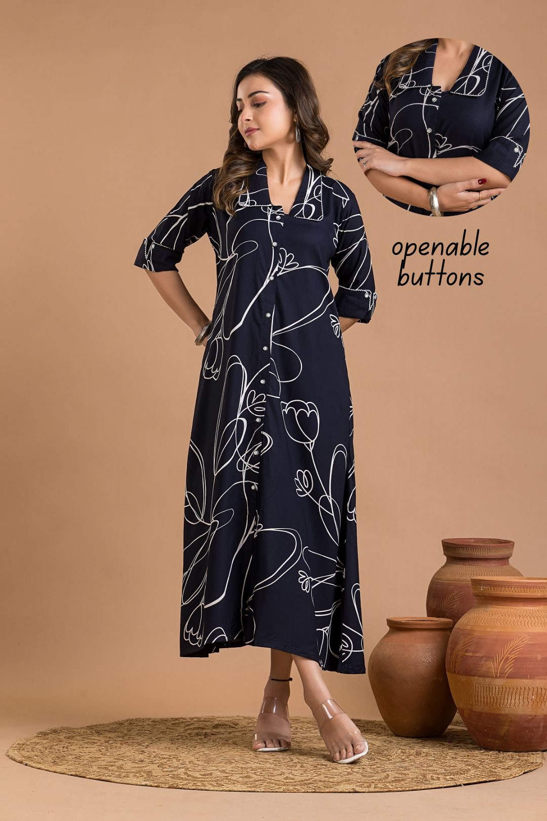 Navy Blue Abstract Print  A-Line Dress