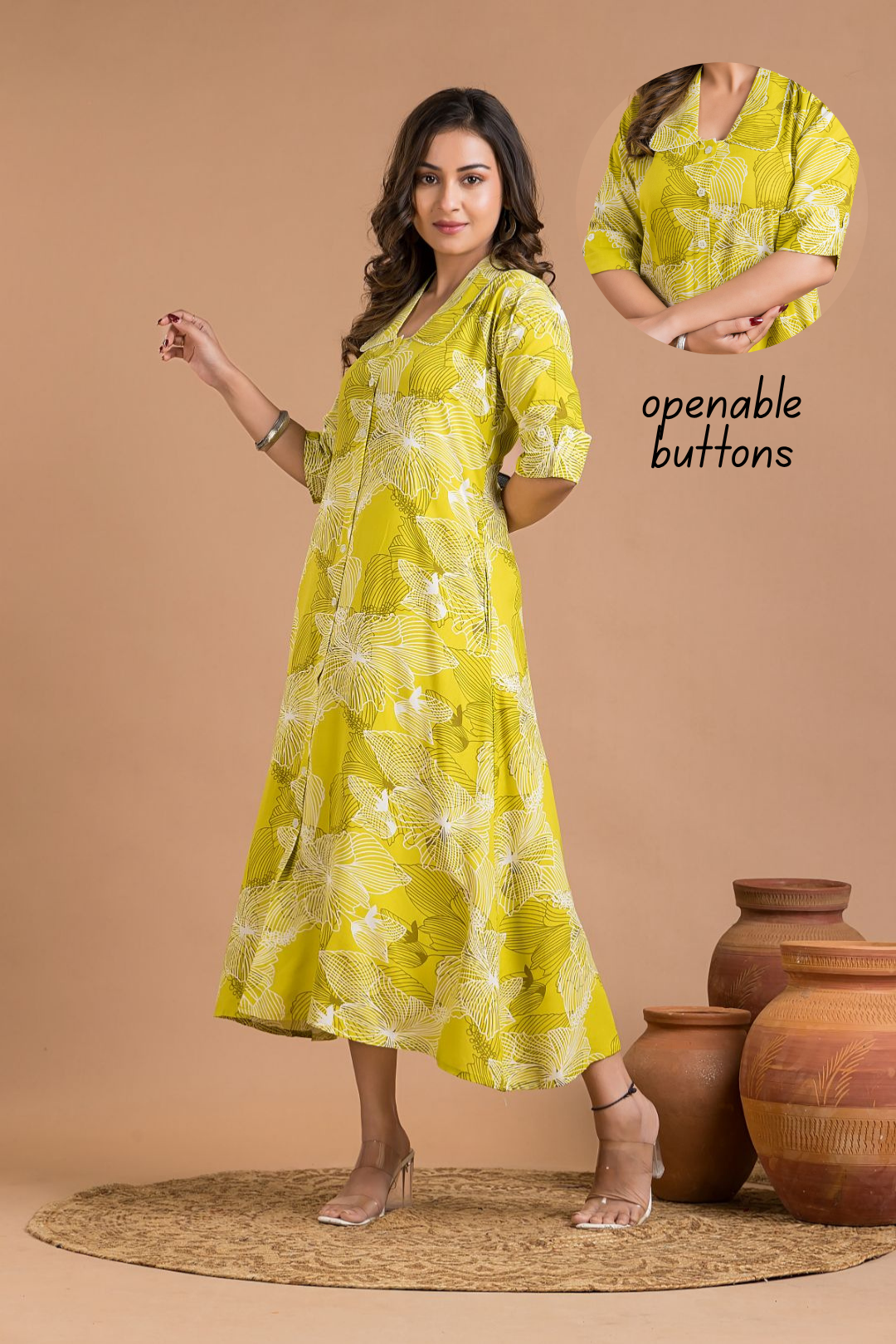 Lime Green Abstract Print  A-Line Dress