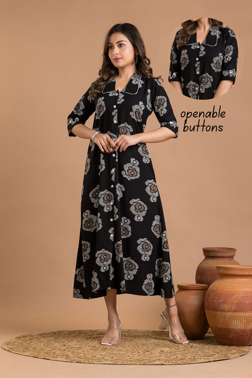 Black Rose Print A-Line Dress