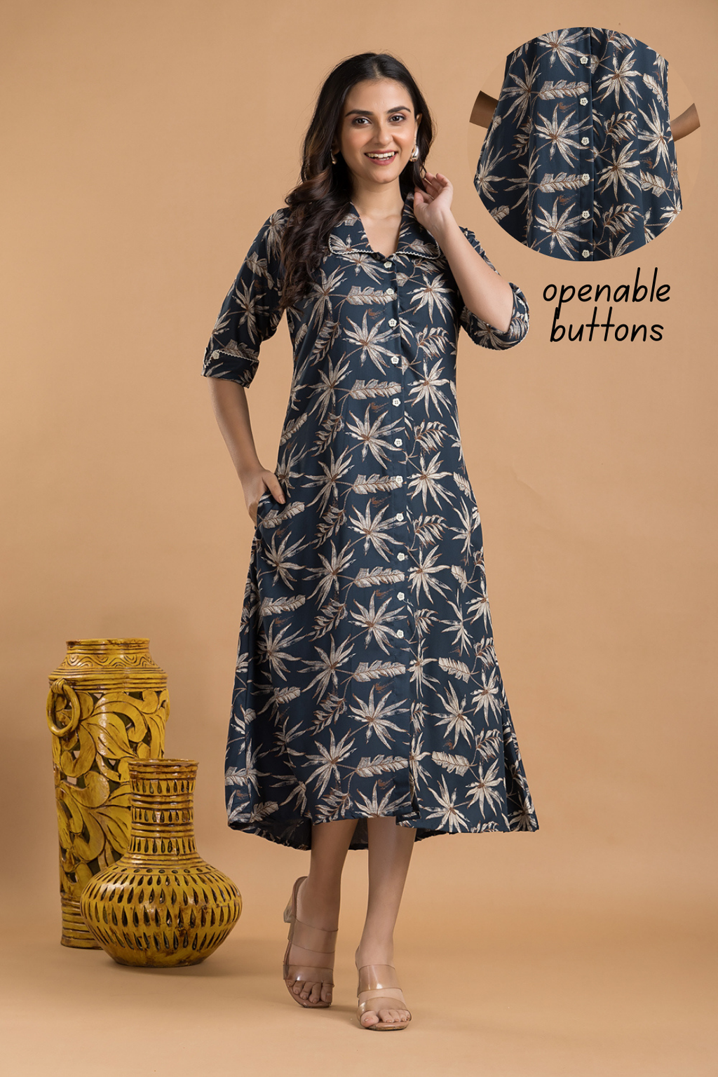 Teal Blue & Brown Leaf Print A-Line Dress