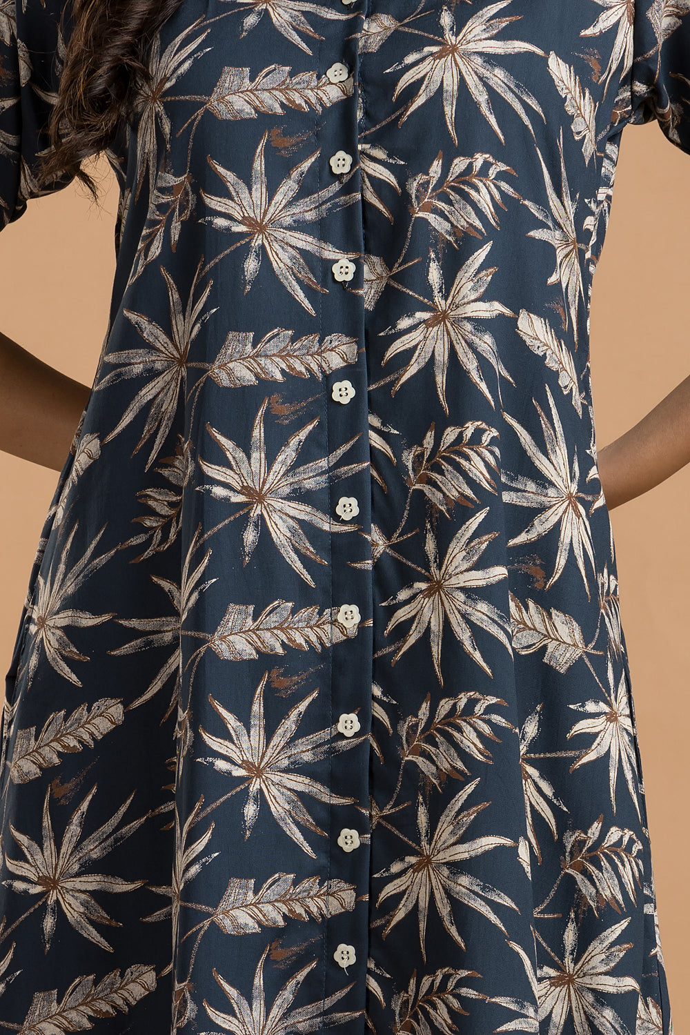 Teal Blue & Brown Leaf Print A-Line Dress