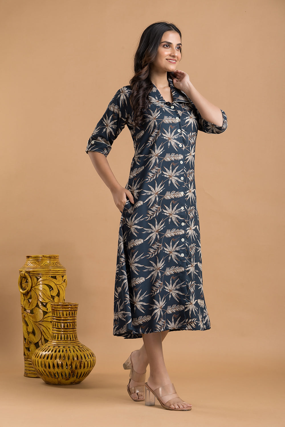 Teal Blue & Brown Leaf Print A-Line Dress