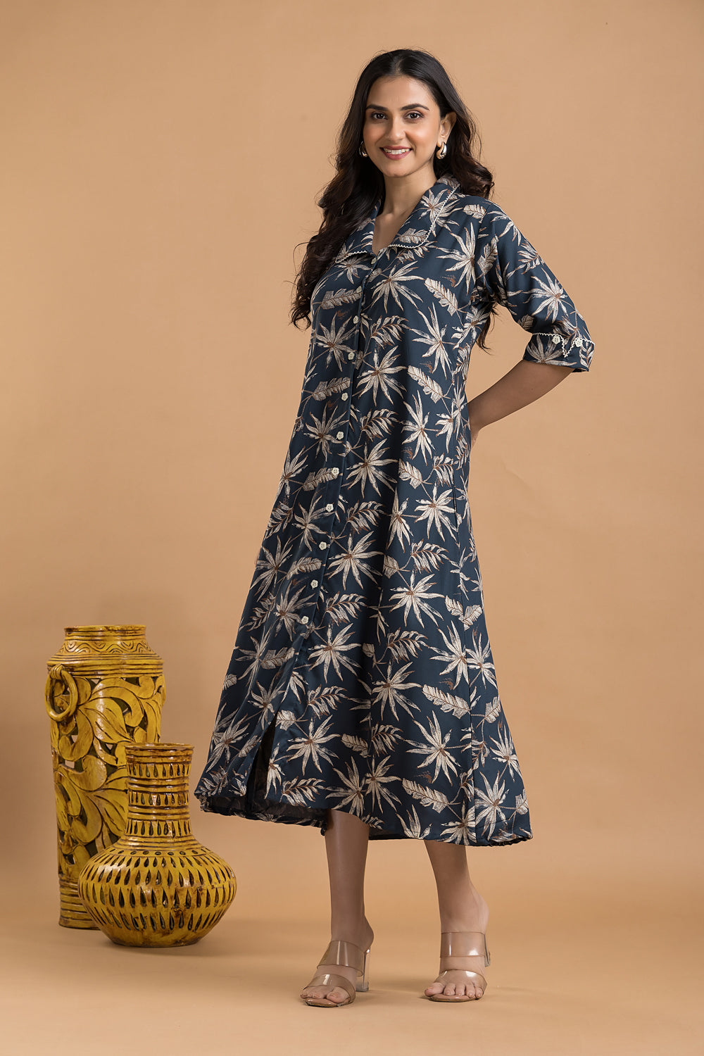 Teal Blue & Brown Leaf Print A-Line Dress