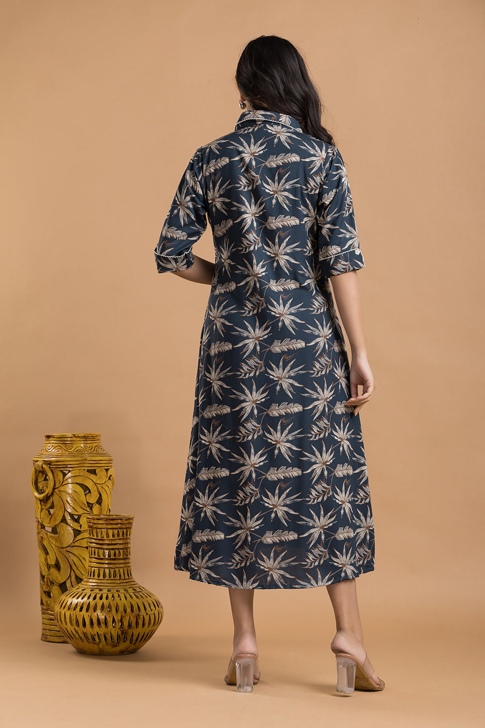 Teal Blue & Brown Leaf Print A-Line Dress