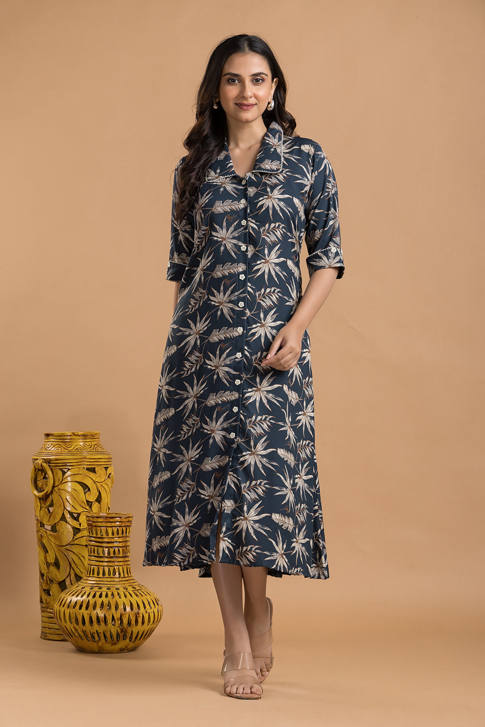 Teal Blue & Brown Leaf Print A-Line Dress