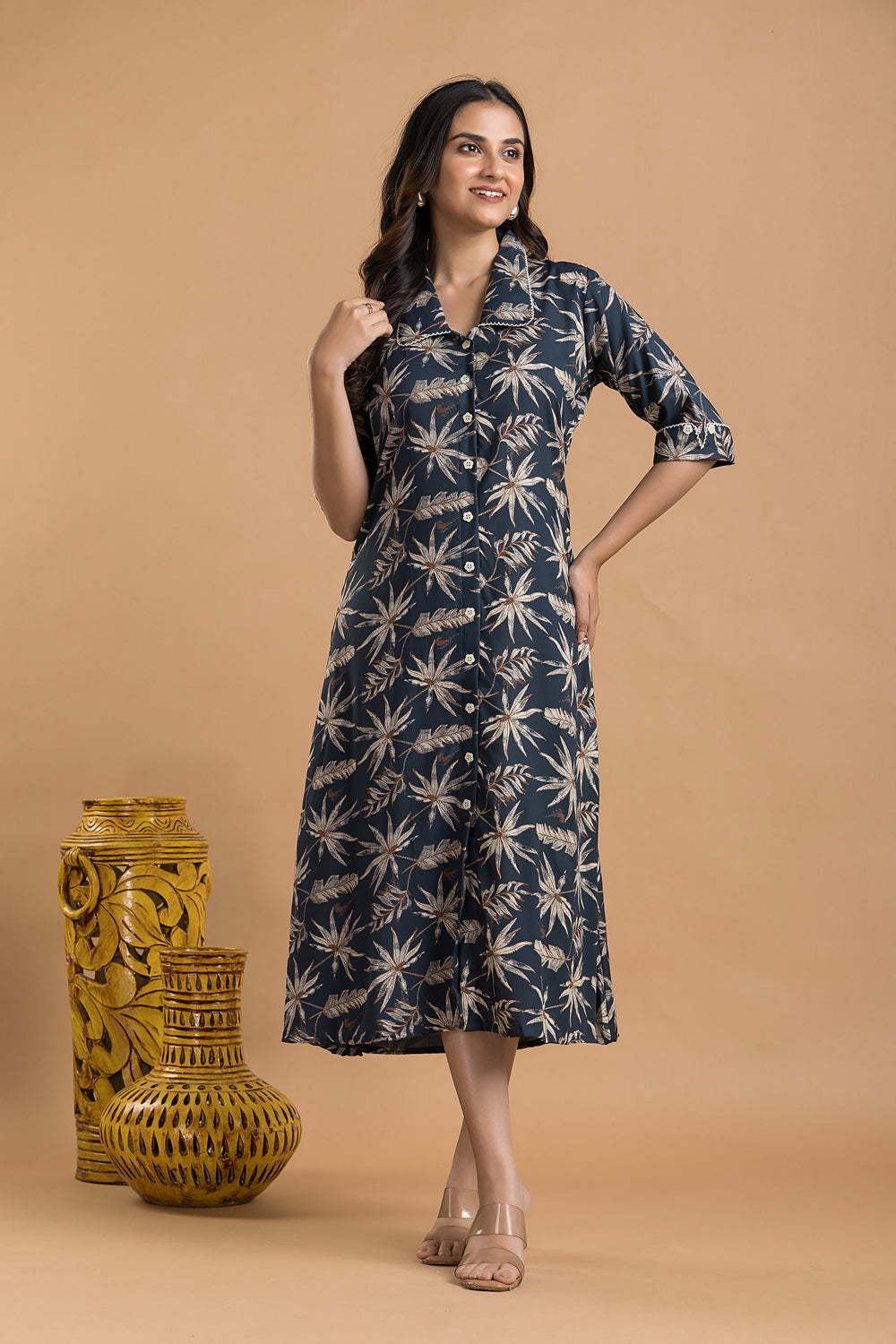 Teal Blue & Brown Leaf Print A-Line Dress