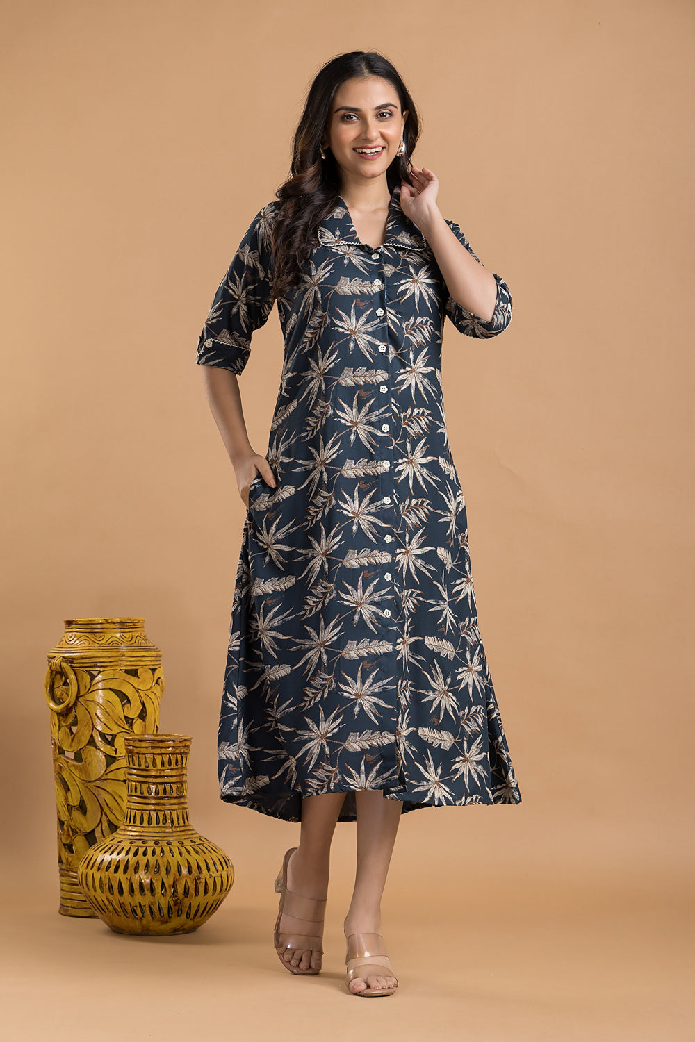 Teal Blue & Brown Leaf Print A-Line Dress