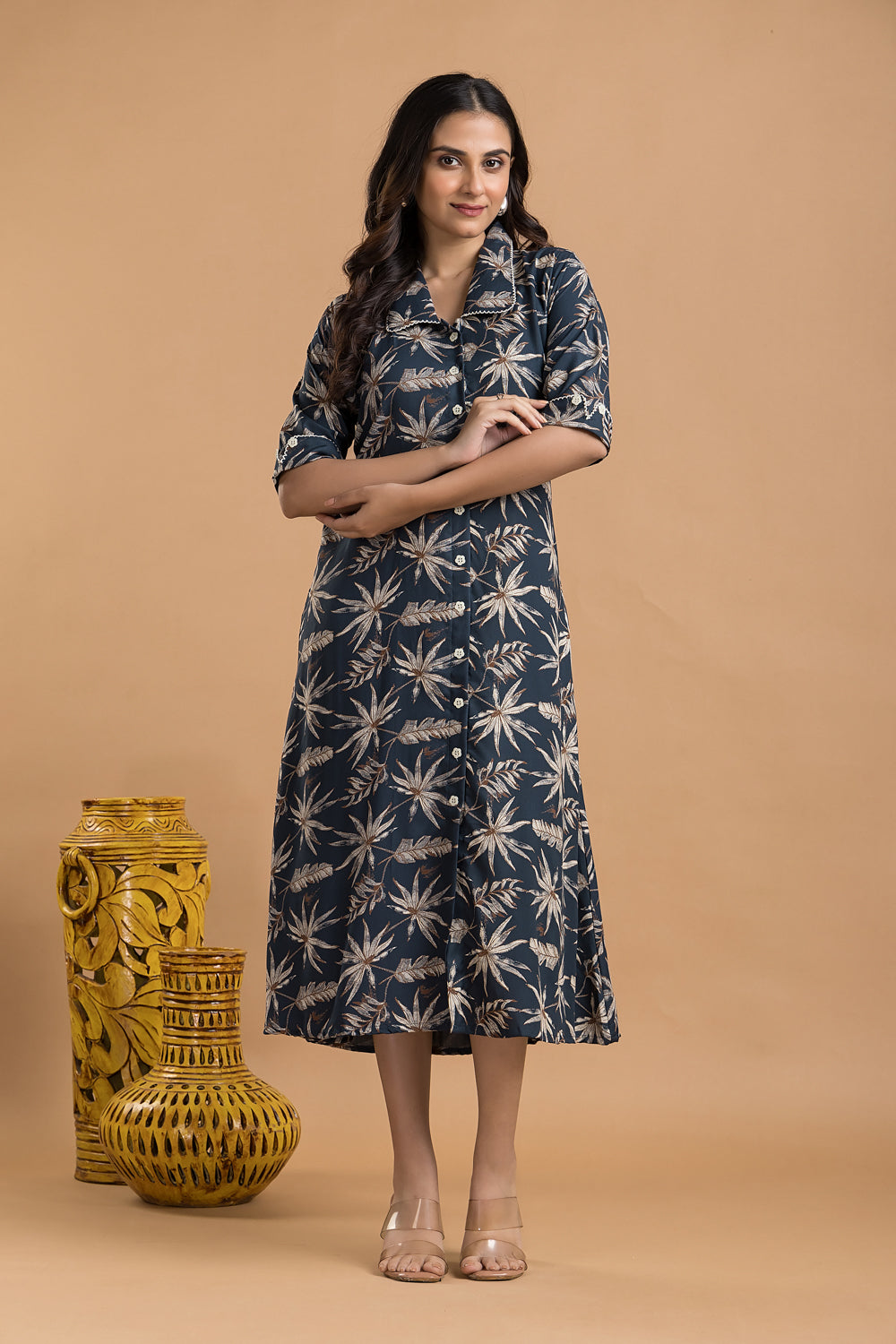 Teal Blue & Brown Leaf Print A-Line Dress