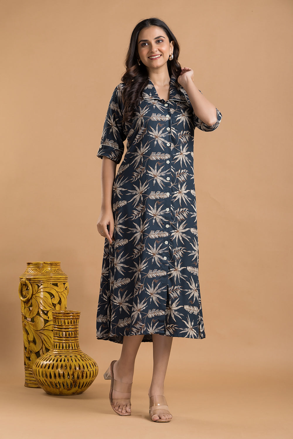 Teal Blue & Brown Leaf Print A-Line Dress