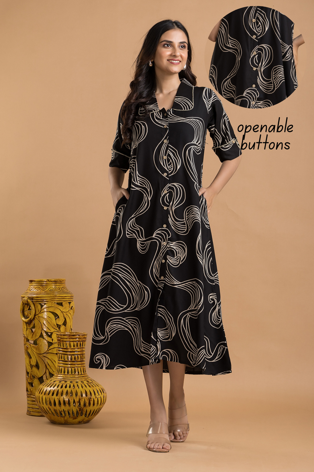 Black Abstract Print  A-Line Dress