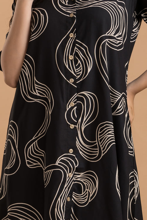 Black Abstract Print  A-Line Dress