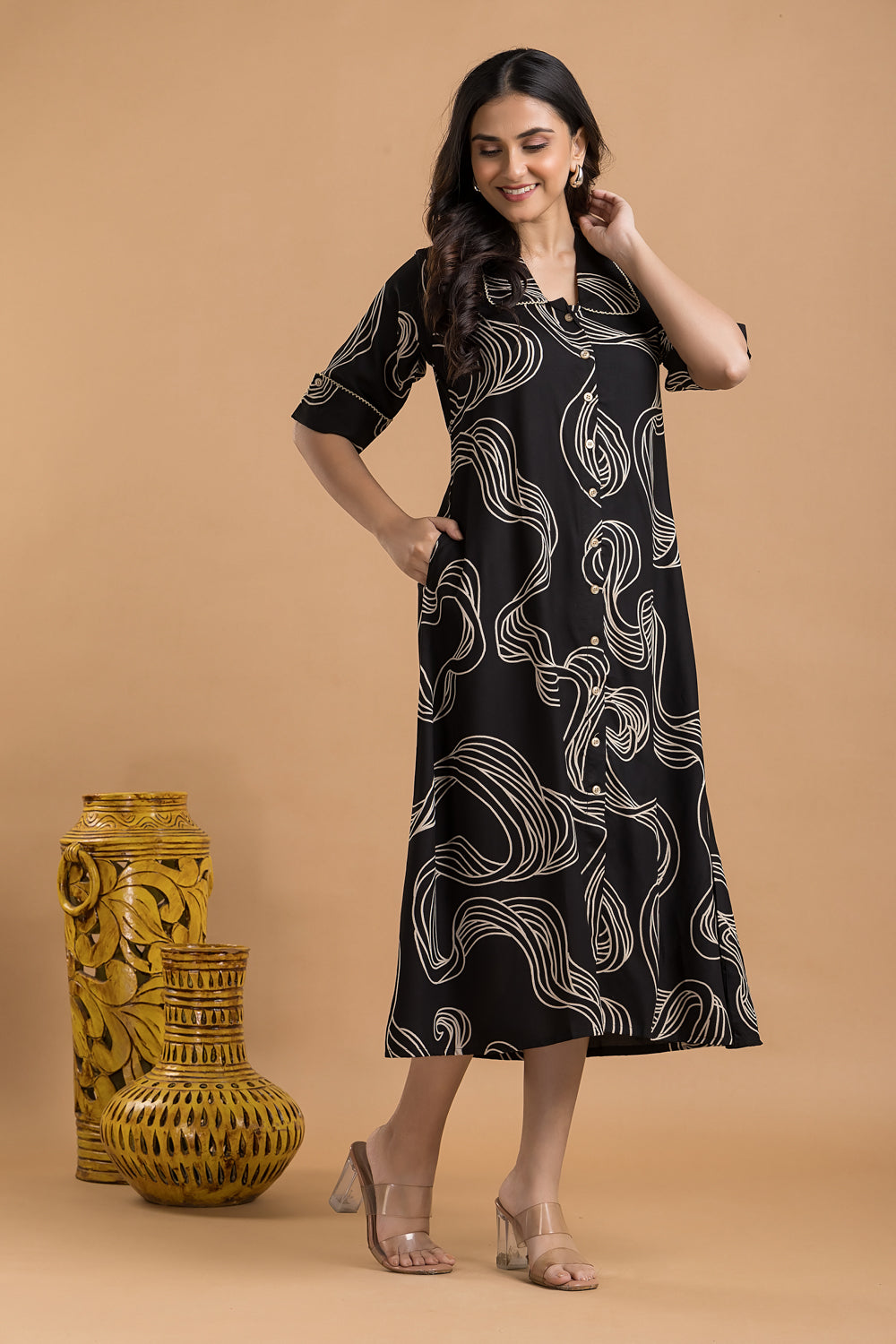 Black Abstract Print  A-Line Dress