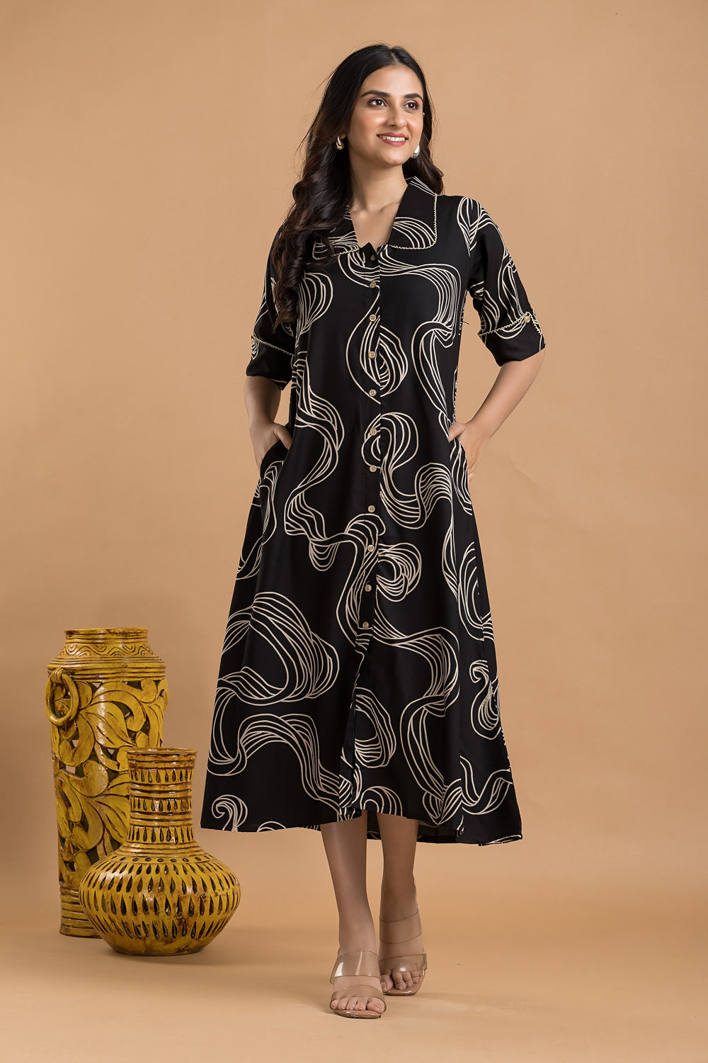 Black Abstract Print  A-Line Dress