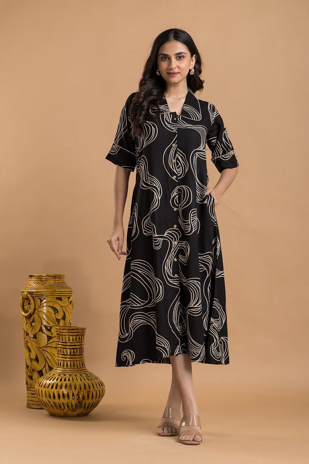 Black Abstract Print  A-Line Dress