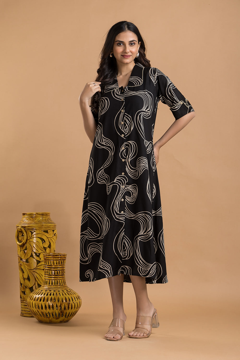 Black Abstract Print A-Line Dress