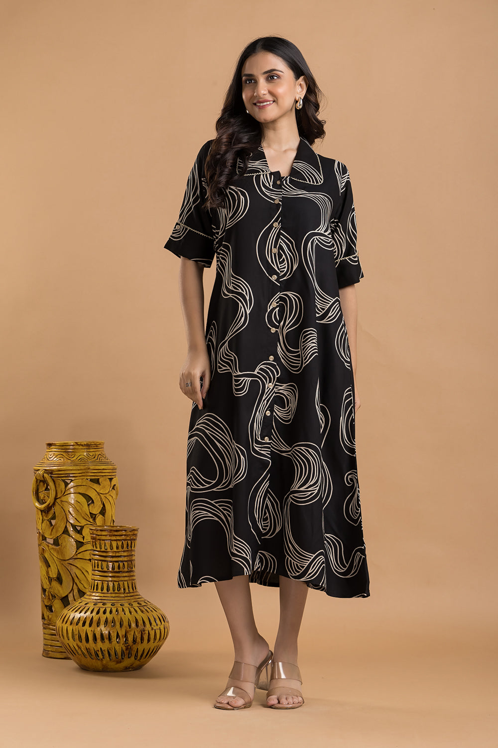 Black Abstract Print  A-Line Dress