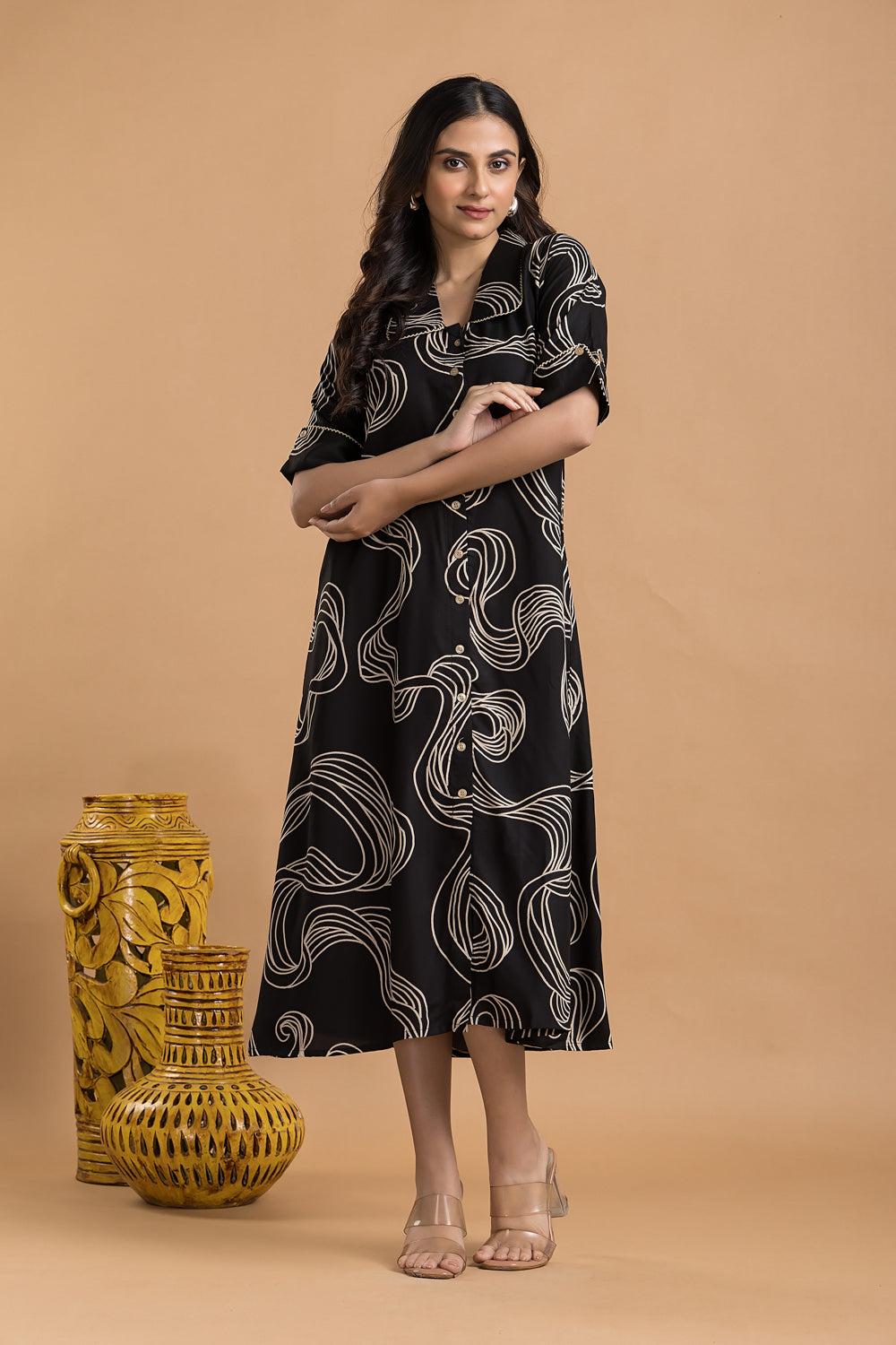 Black Abstract Print  A-Line Dress