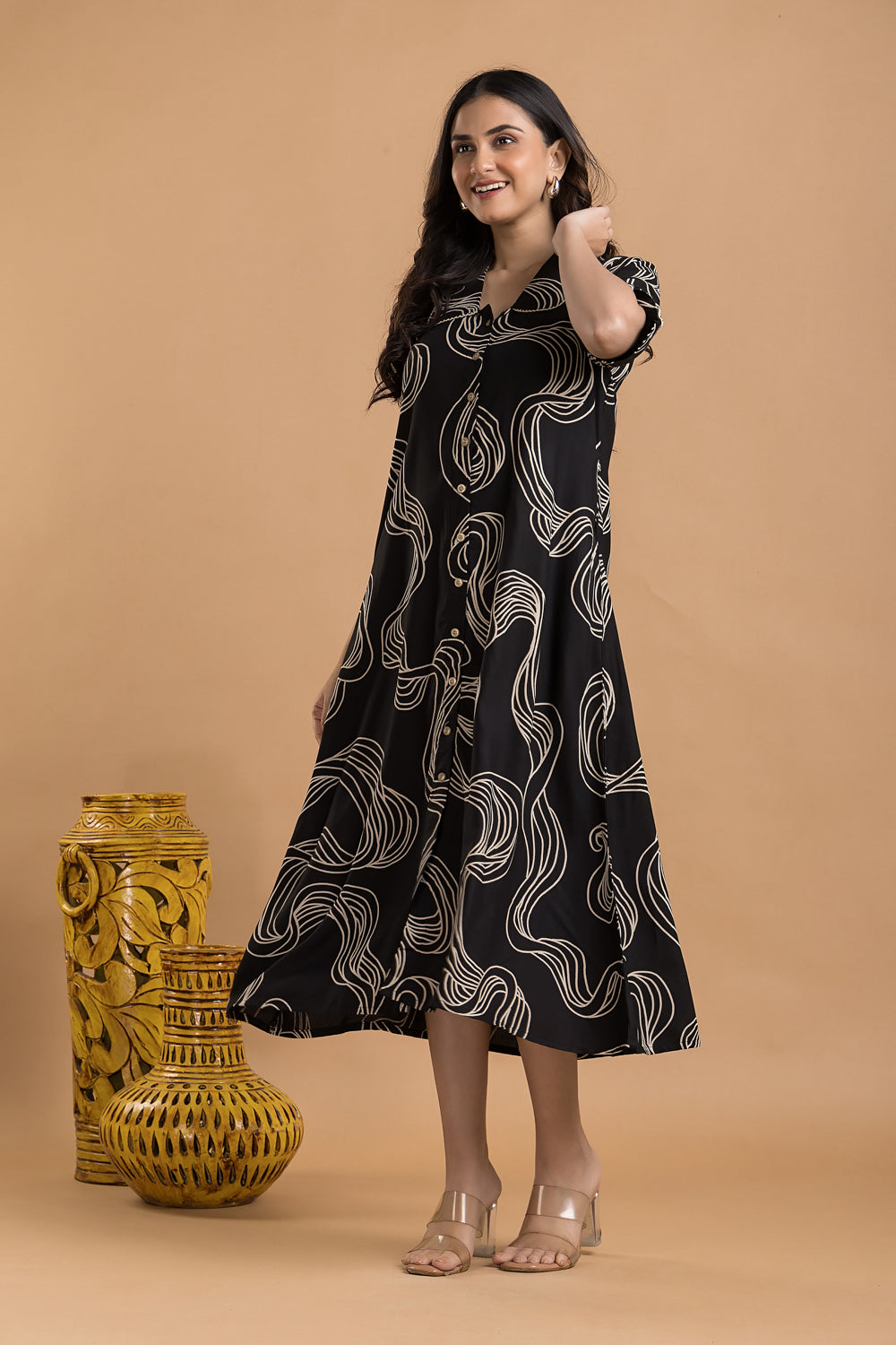 Black Abstract Print  A-Line Dress