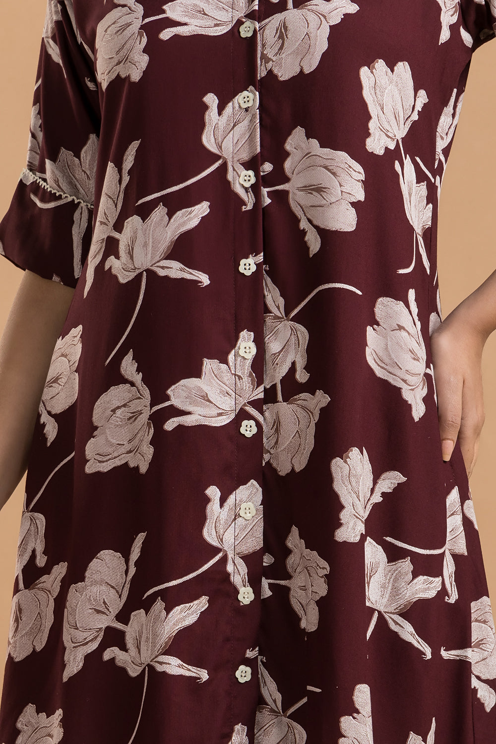 Burgundy Floral Print A-Line Dress
