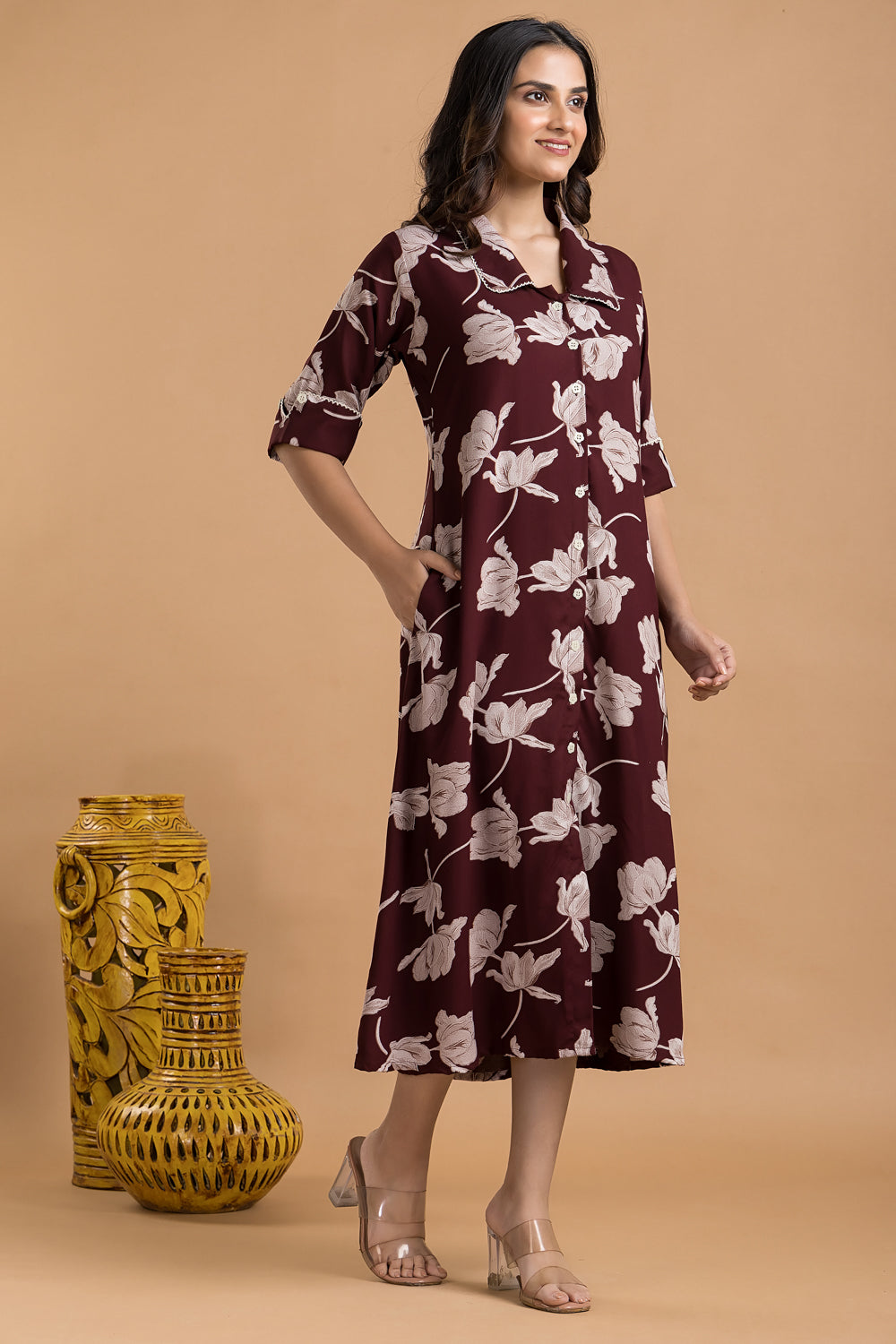 Burgundy Floral Print A-Line Dress