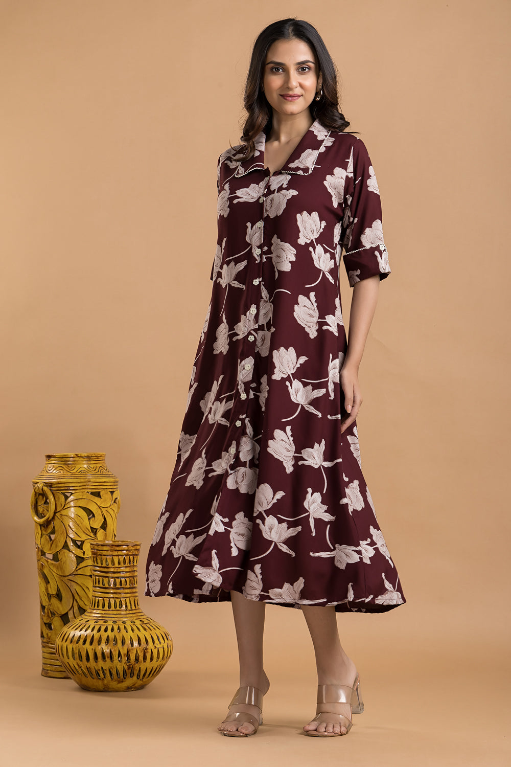 Burgundy Floral Print A-Line Dress