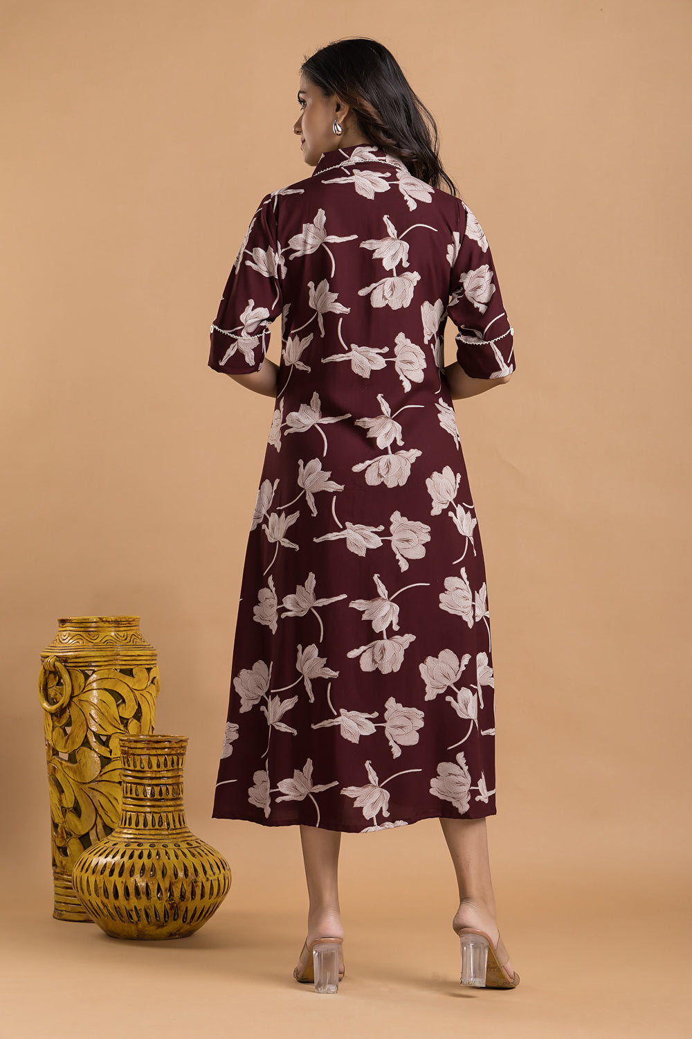 Burgundy Floral Print A-Line Dress