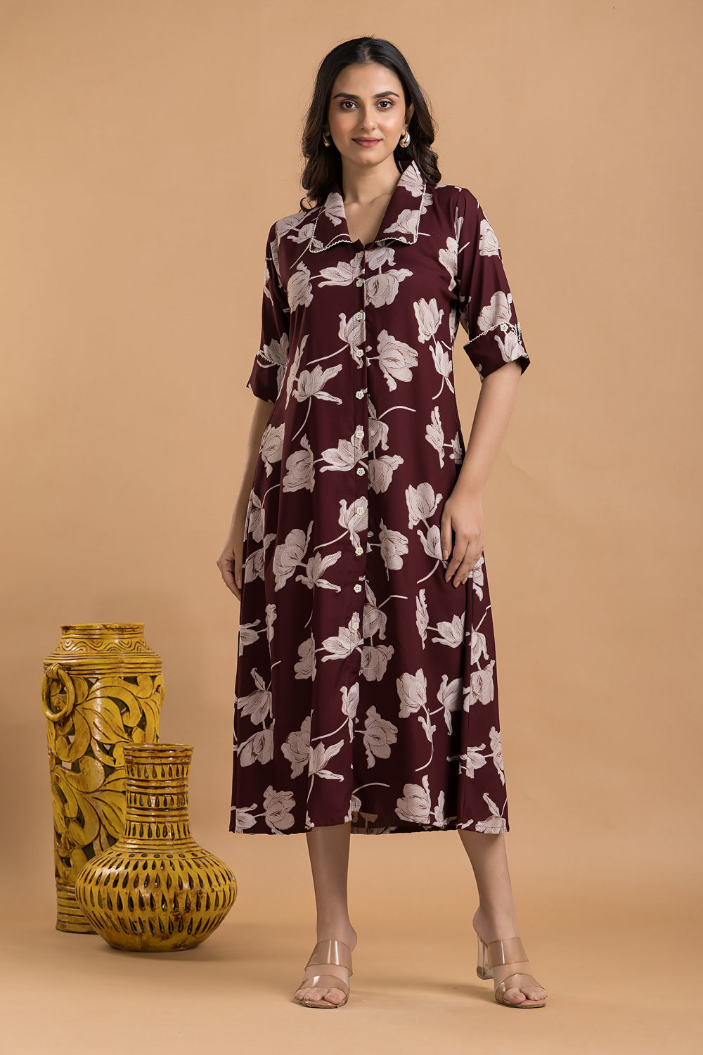 Burgundy Floral Print A-Line Dress Rozaara Burgundy Floral Print A-Line Dress Rozaara