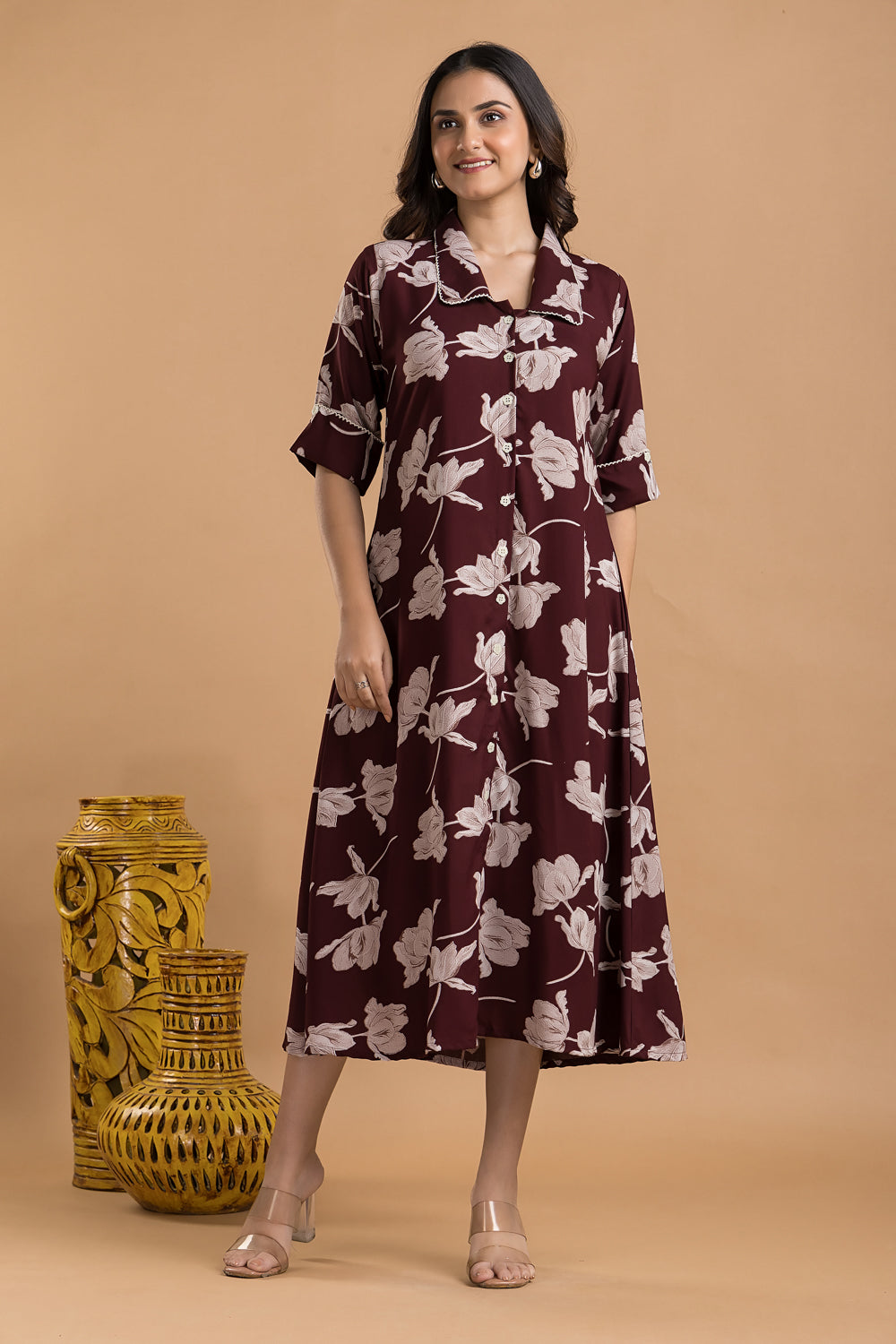 Burgundy Floral Print A-Line Dress