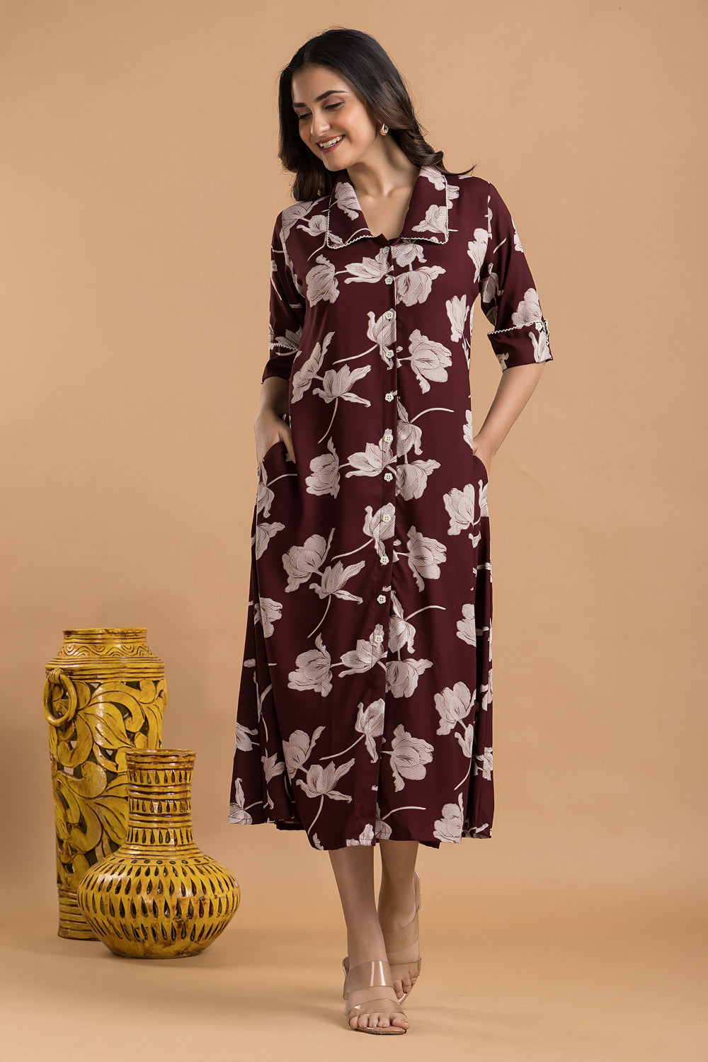 Burgundy Floral Print A-Line Dress