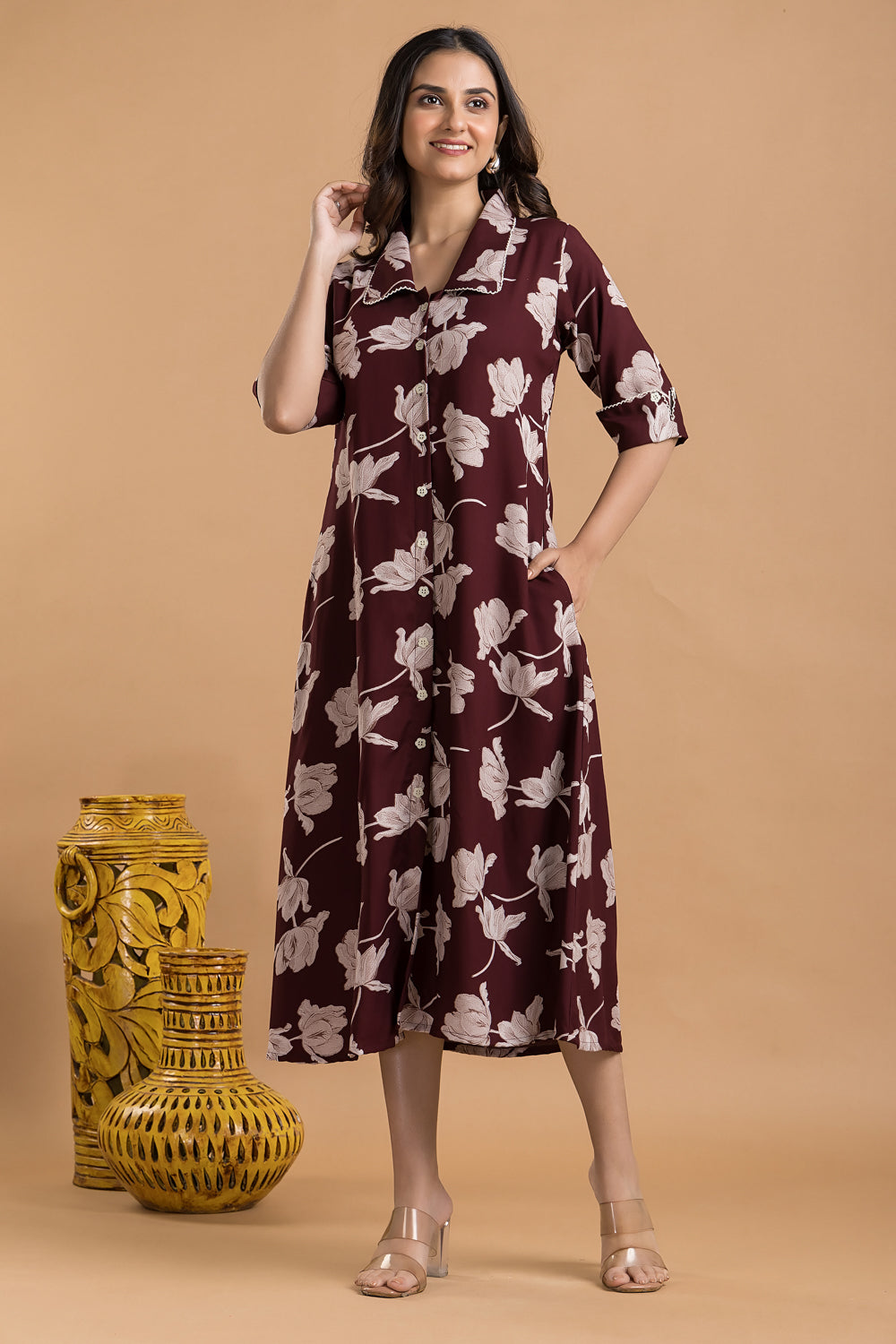 Burgundy Floral Print A-Line Dress