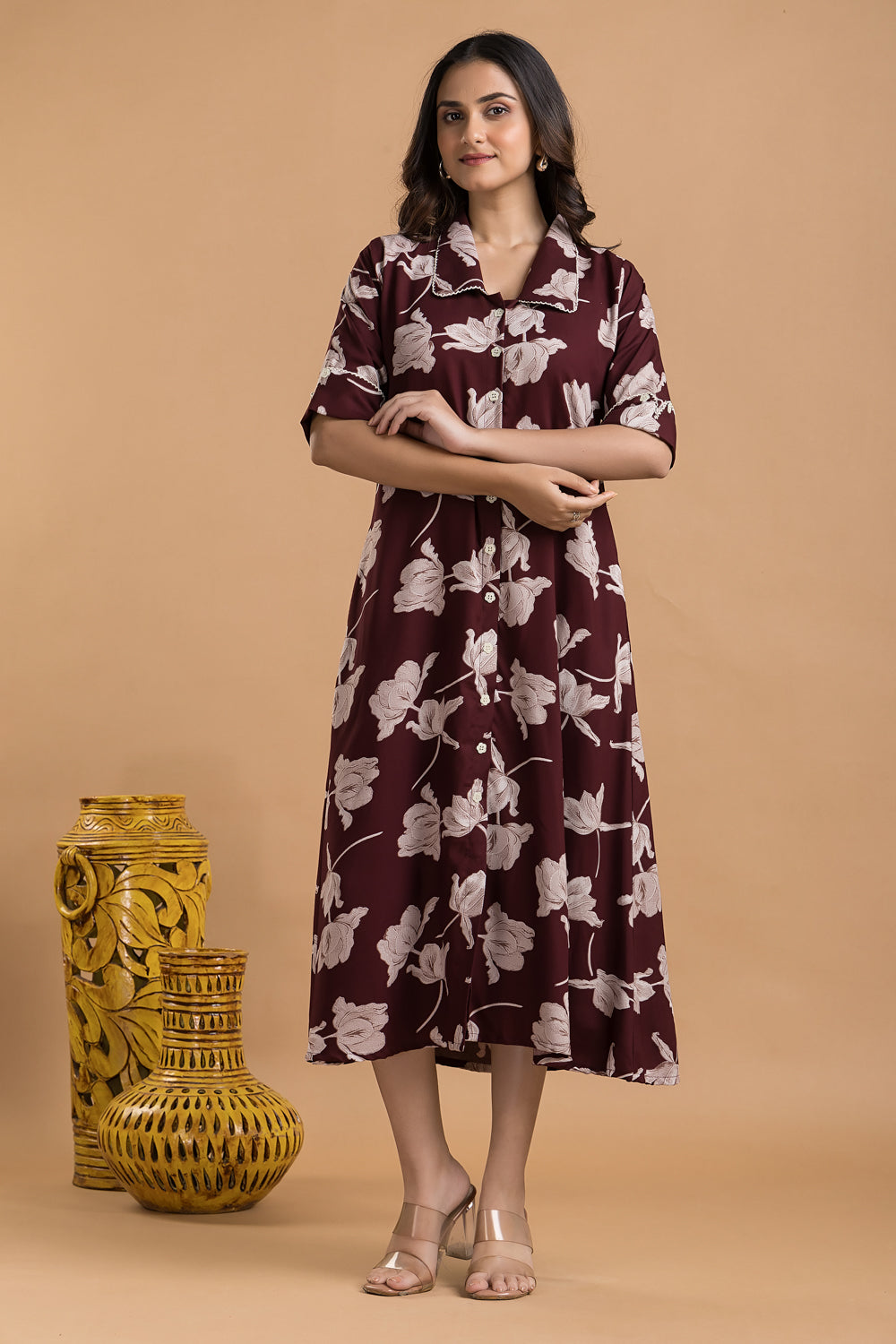 Burgundy Floral Print A-Line Dress