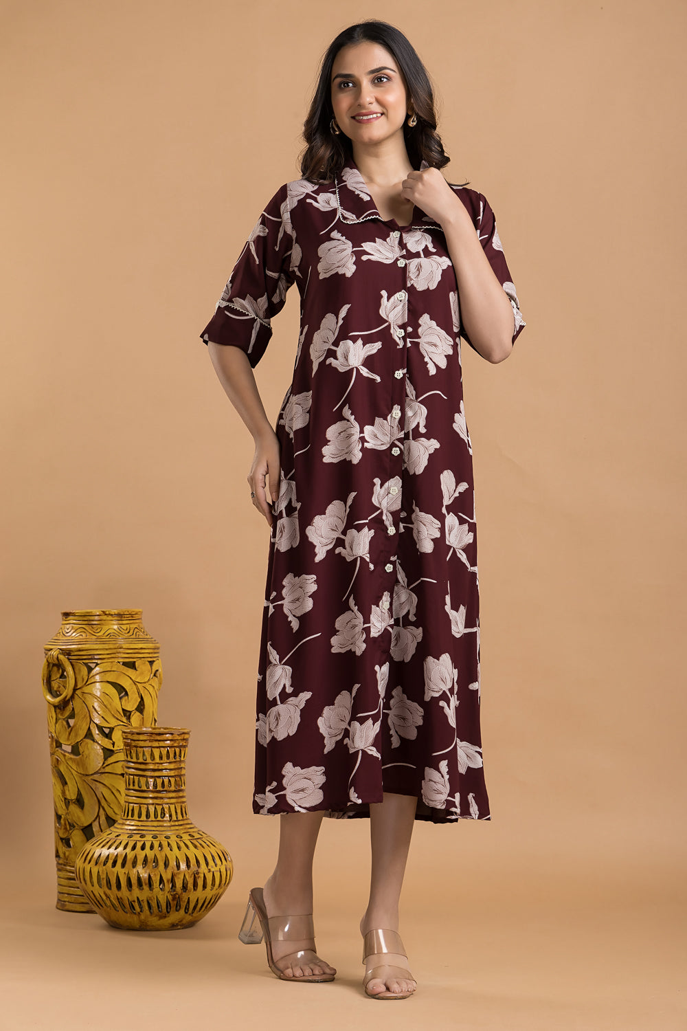 Burgundy Floral Print A-Line Dress