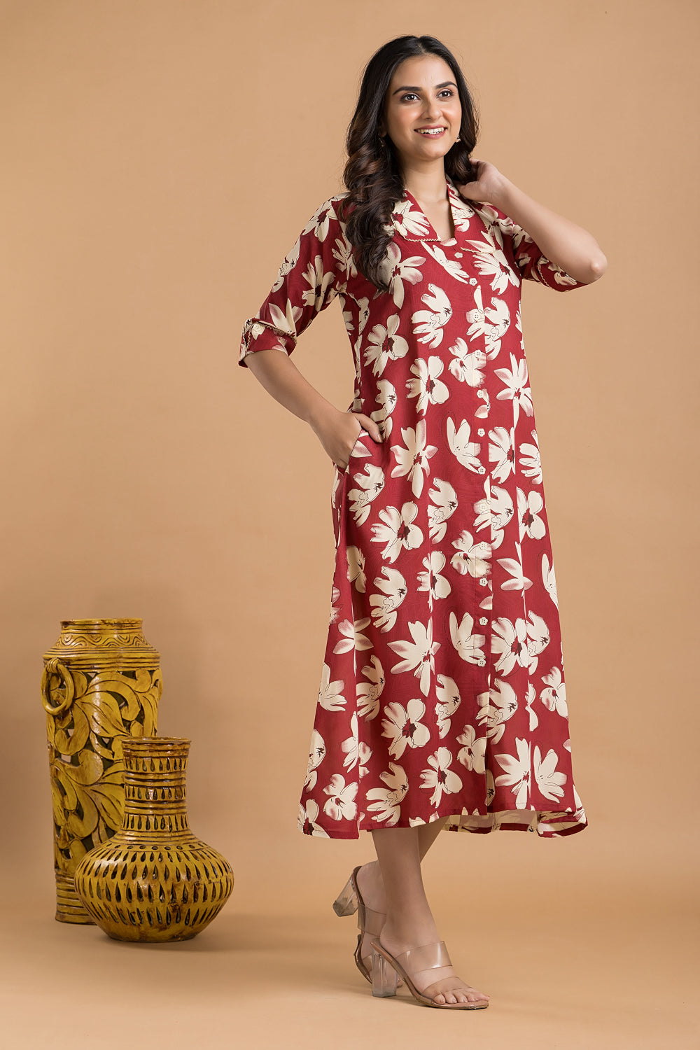 Cherry Red Floral Print A-Line Dress