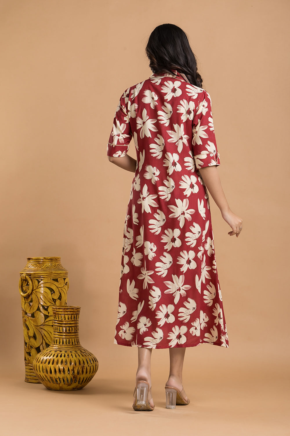 Cherry Red Floral Print A-Line Dress