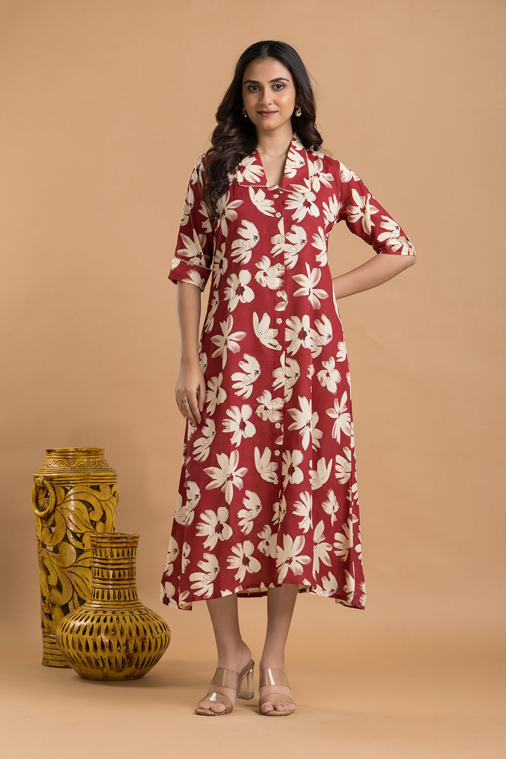 Cherry Red Floral Print A-Line Dress