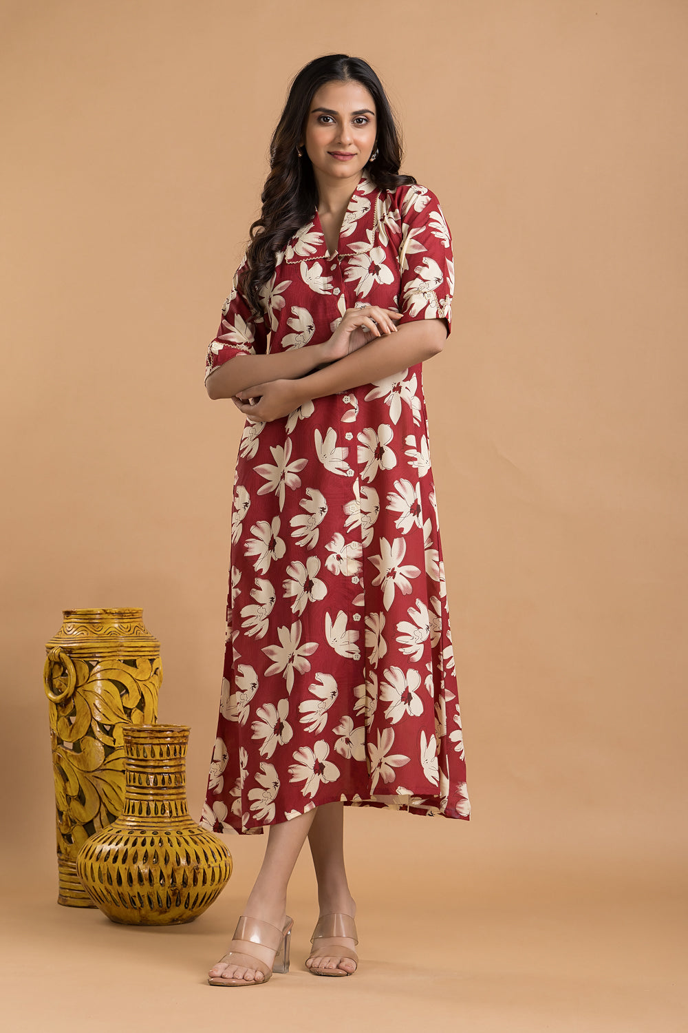 Cherry Red Floral Print A-Line Dress