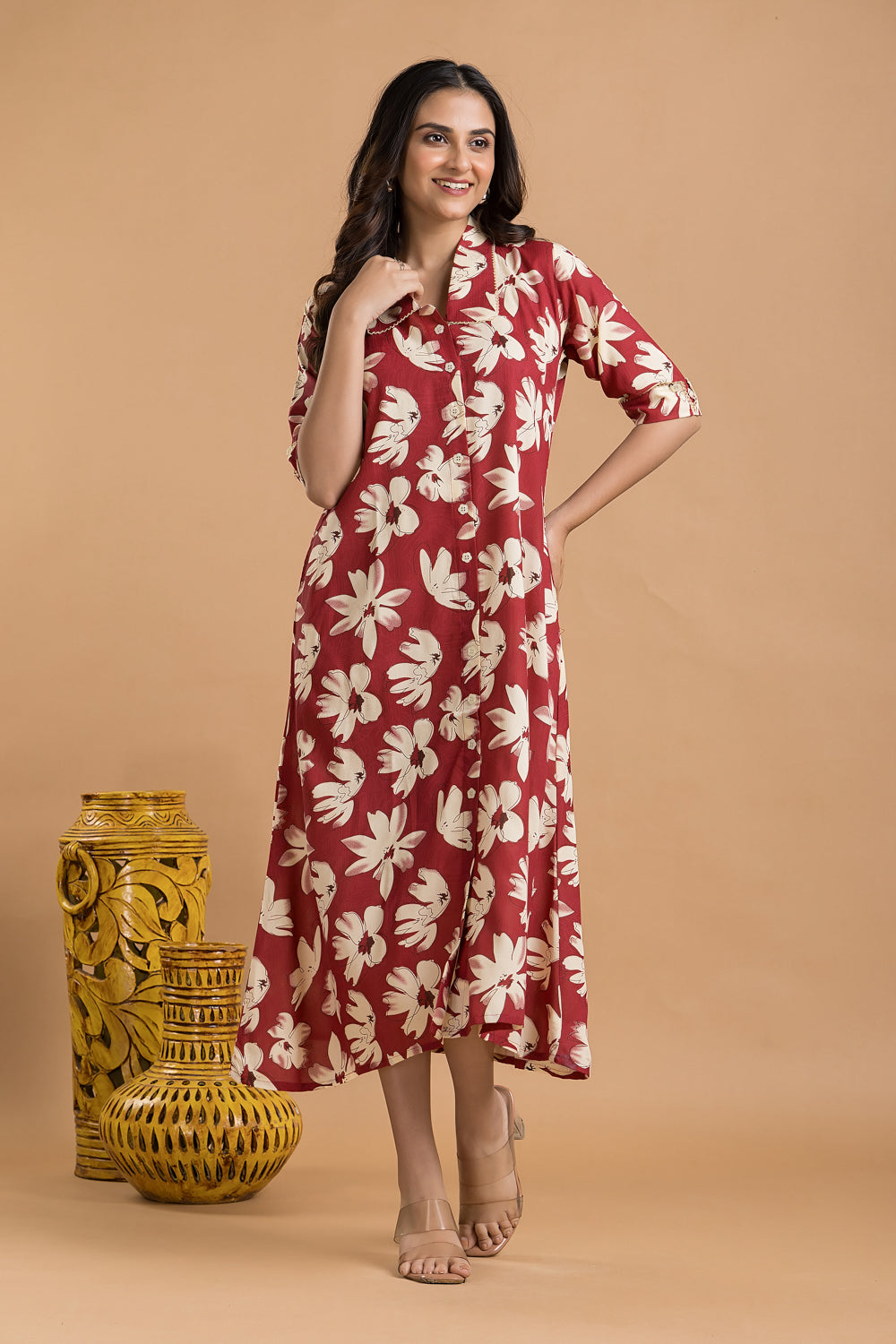 Cherry Red Floral Print A-Line Dress