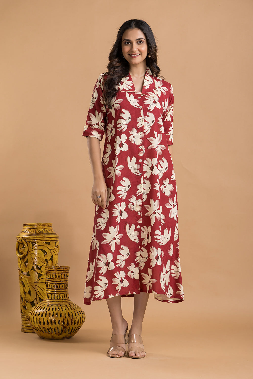 Cherry Red Floral Print A-Line Dress