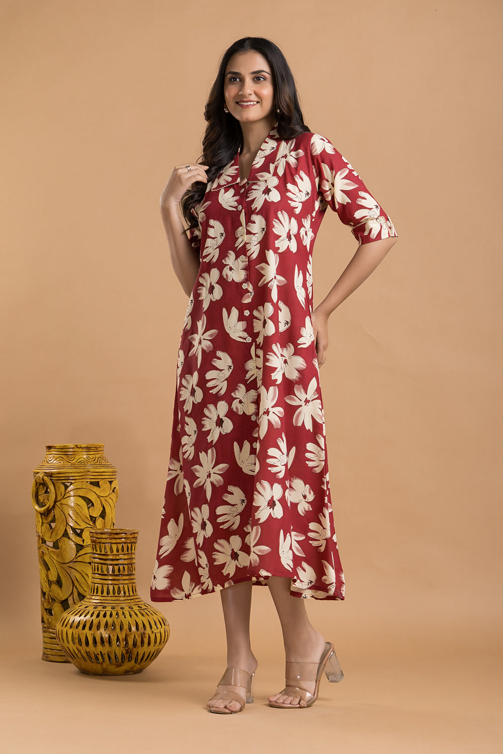 Cherry Red Floral Print A-Line Dress