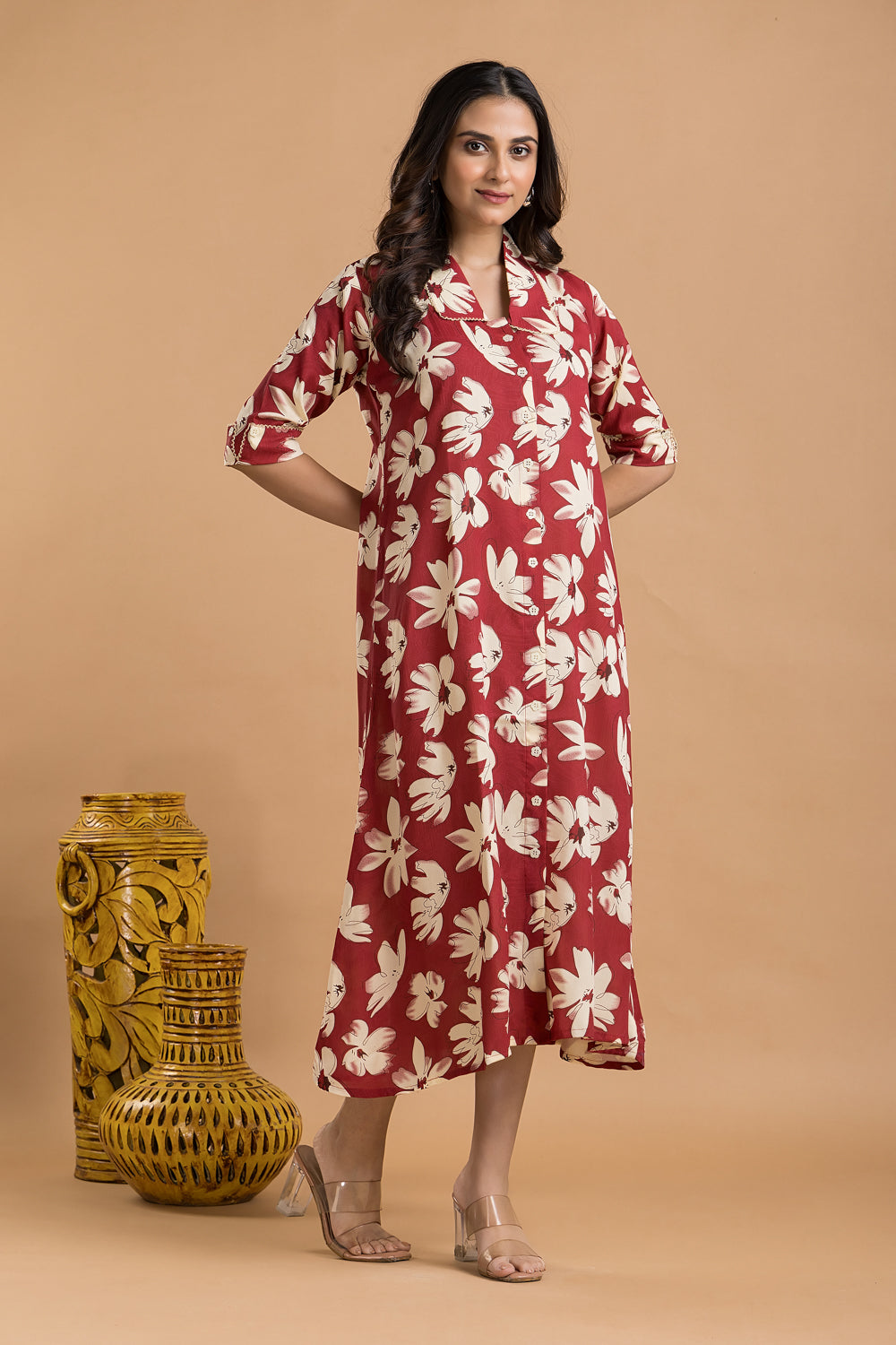 Cherry Red Floral Print A-Line Dress