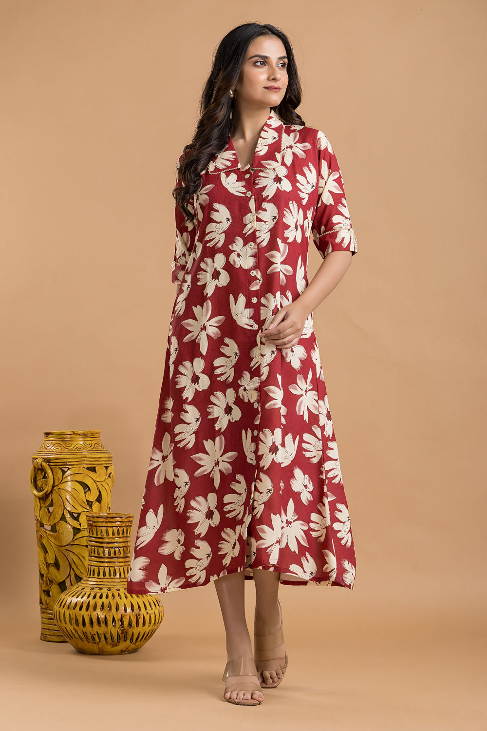 Cherry Red Floral Print A-Line Dress