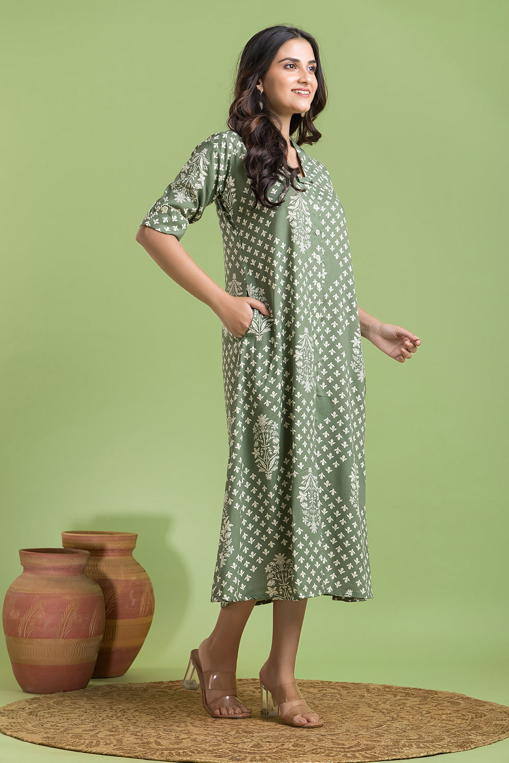 Sage Green Floral Print A-Line Dress