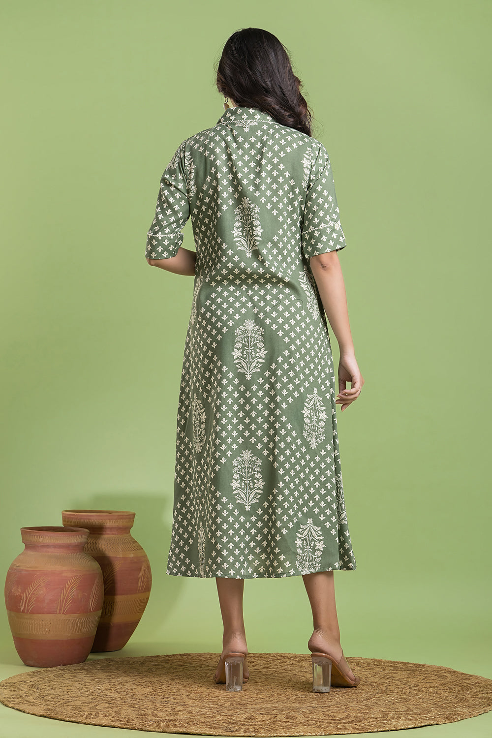 Sage Green Floral Print A-Line Dress