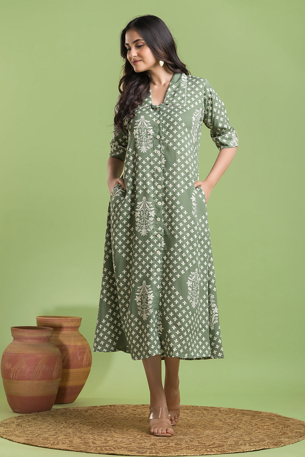 Sage Green Floral Print A-Line Dress