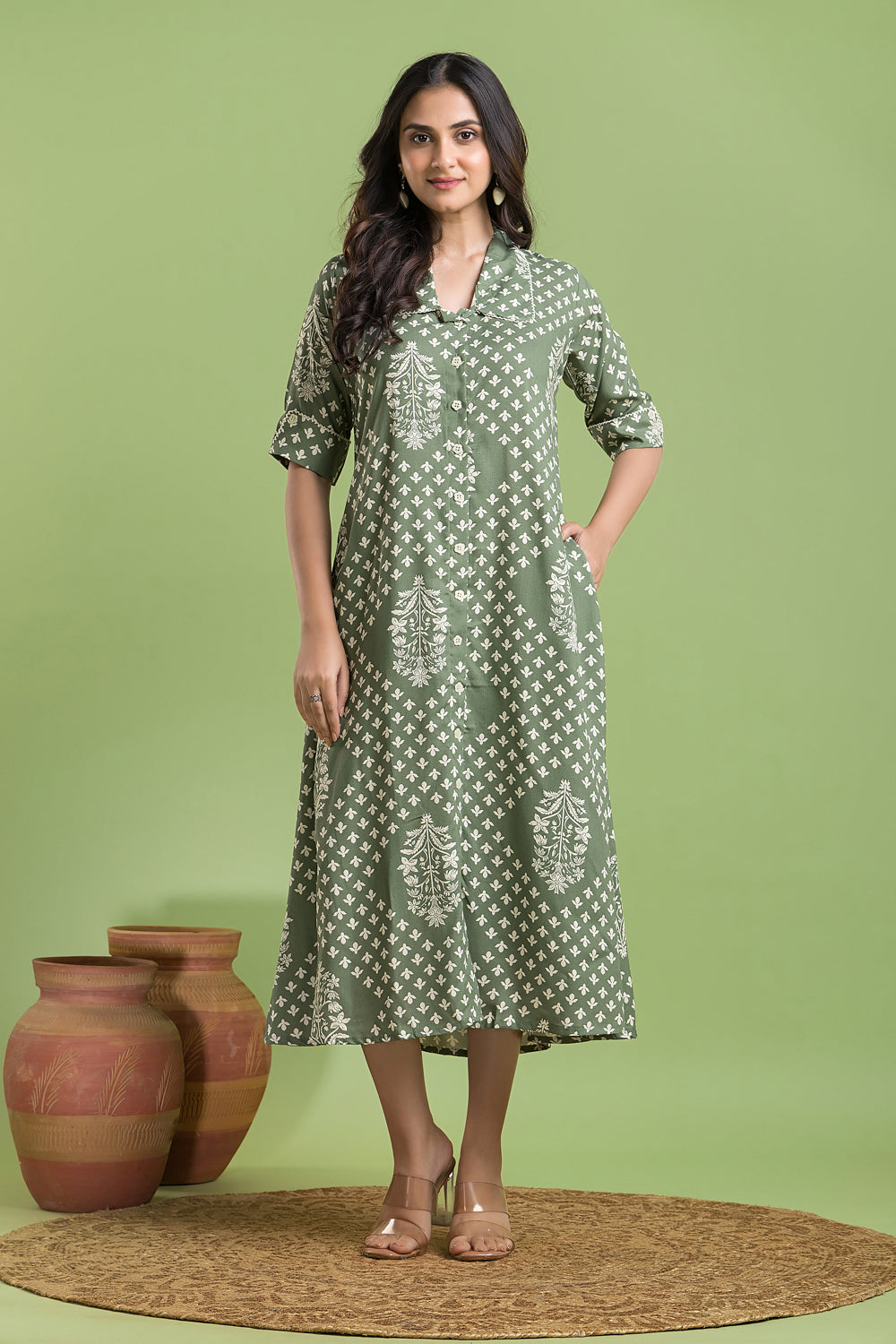 Sage Green Floral Print A-Line Dress