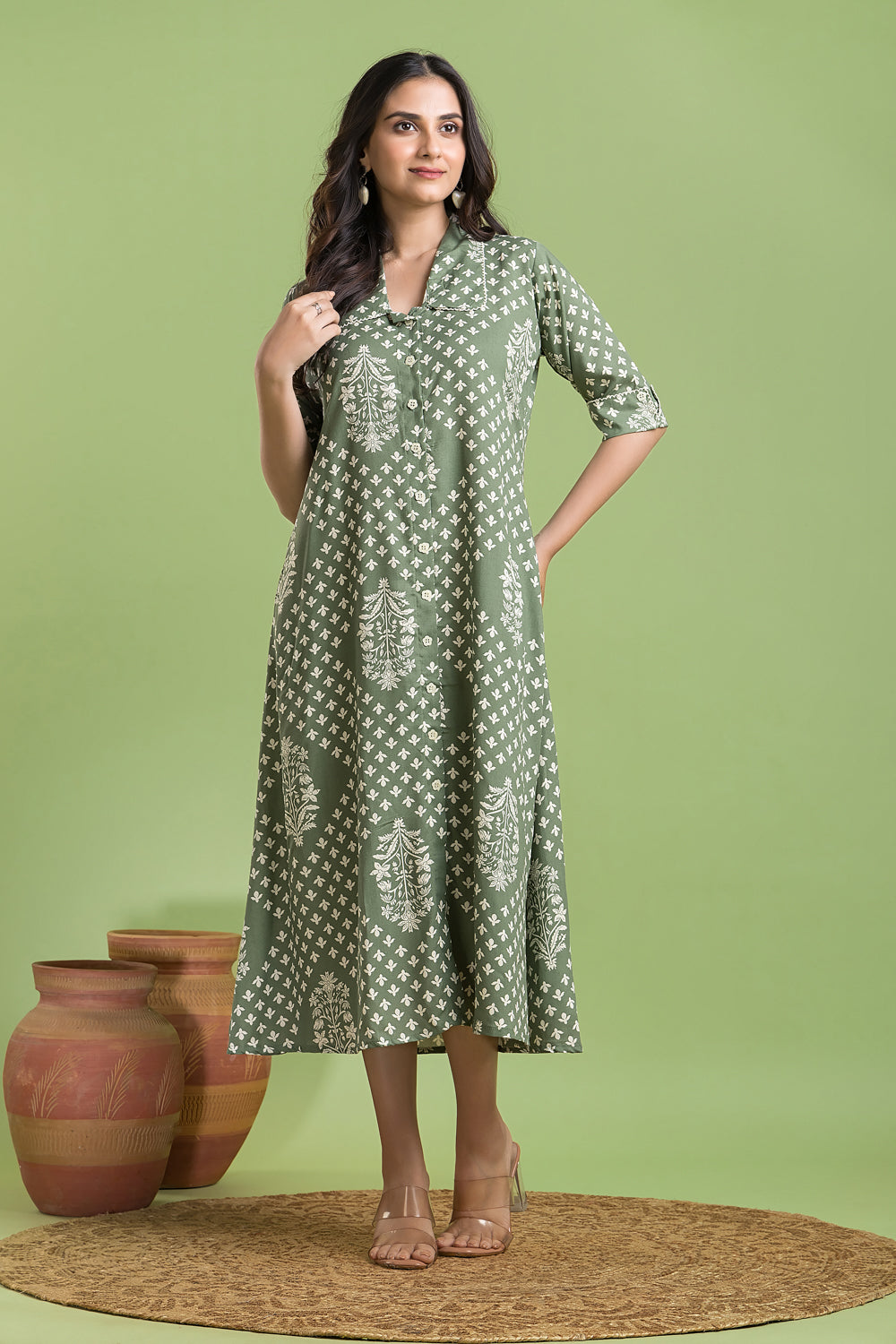 Sage Green Floral Print A-Line Dress