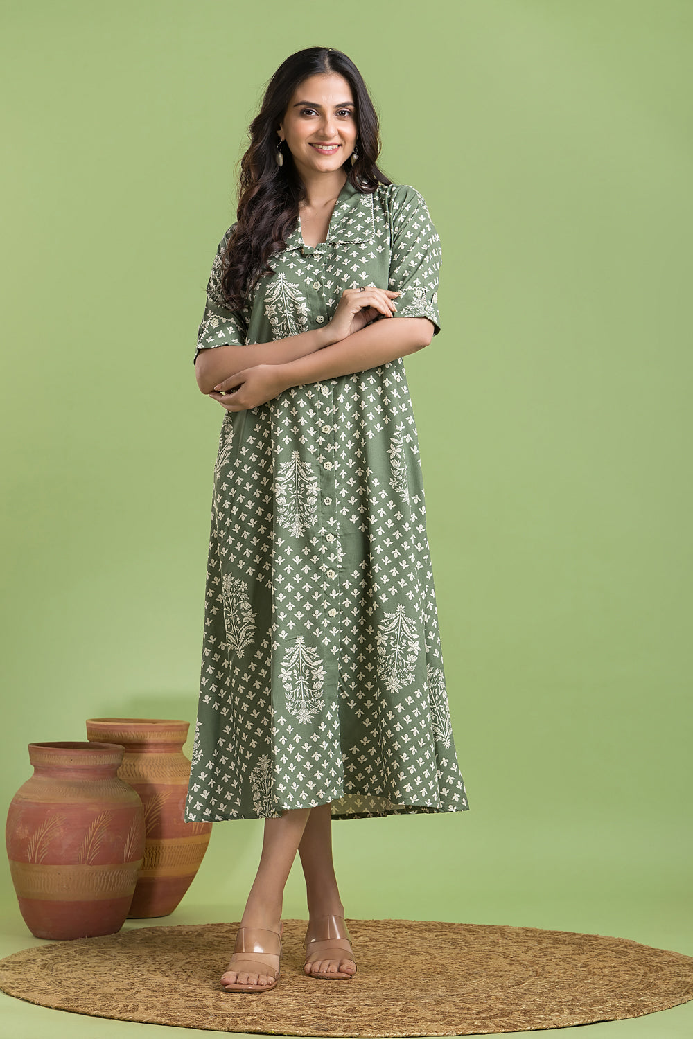 Sage Green Floral Print A-Line Dress