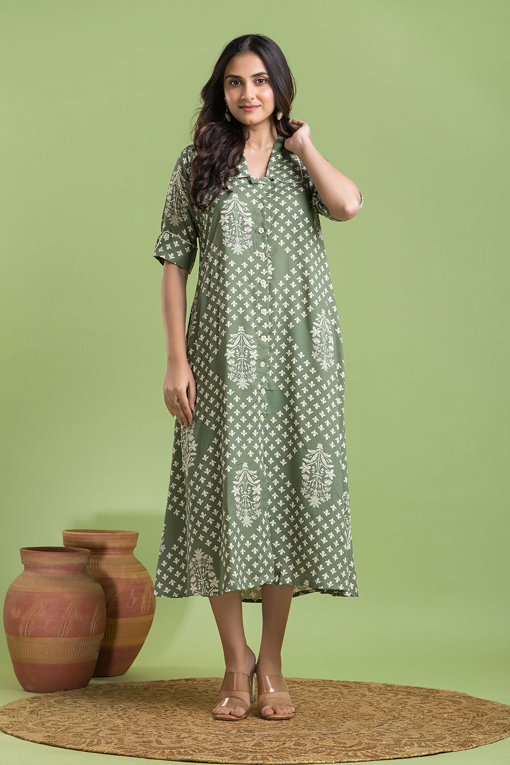 Sage Green Floral Print A-Line Dress