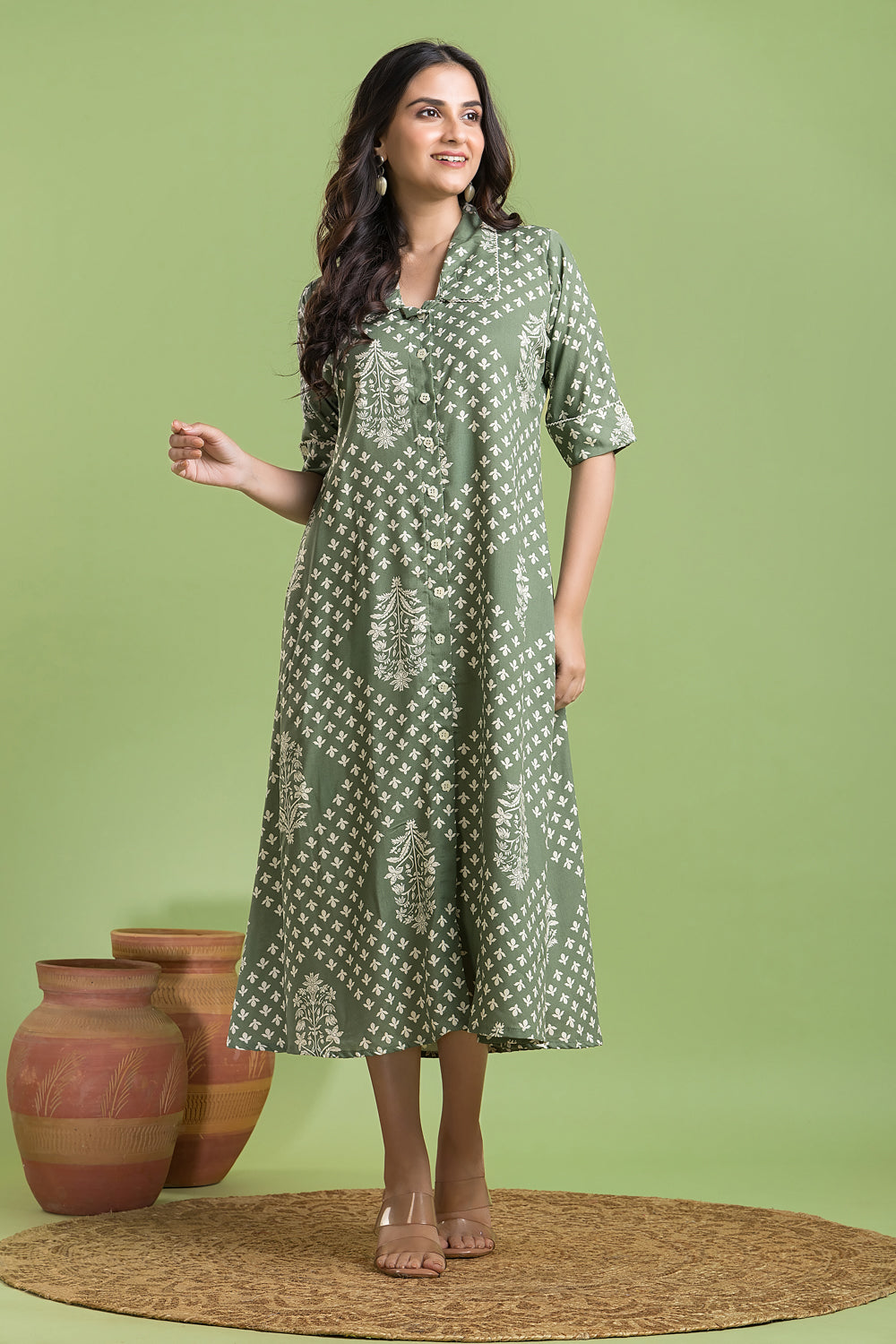 Sage Green Floral Print A-Line Dress