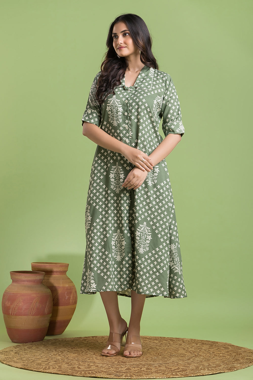 Sage Green Floral Print A-Line Dress